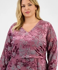London Times Plus Floral Long-Sleeve Flounce-Hem Midi Dress
