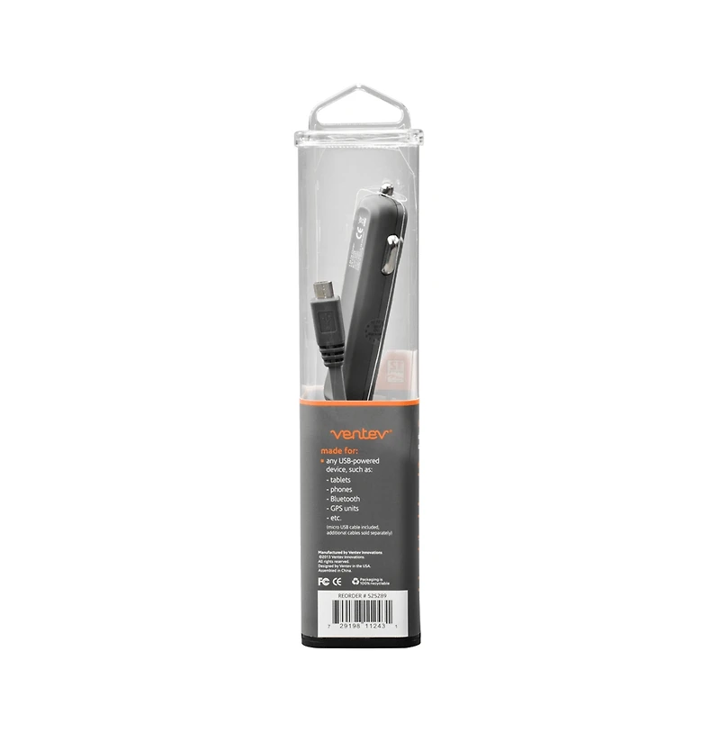 Ventev 24W Ultrafast Usb A Dual Mini Car Charger and Usb A to Micro Usb Cable-Gray