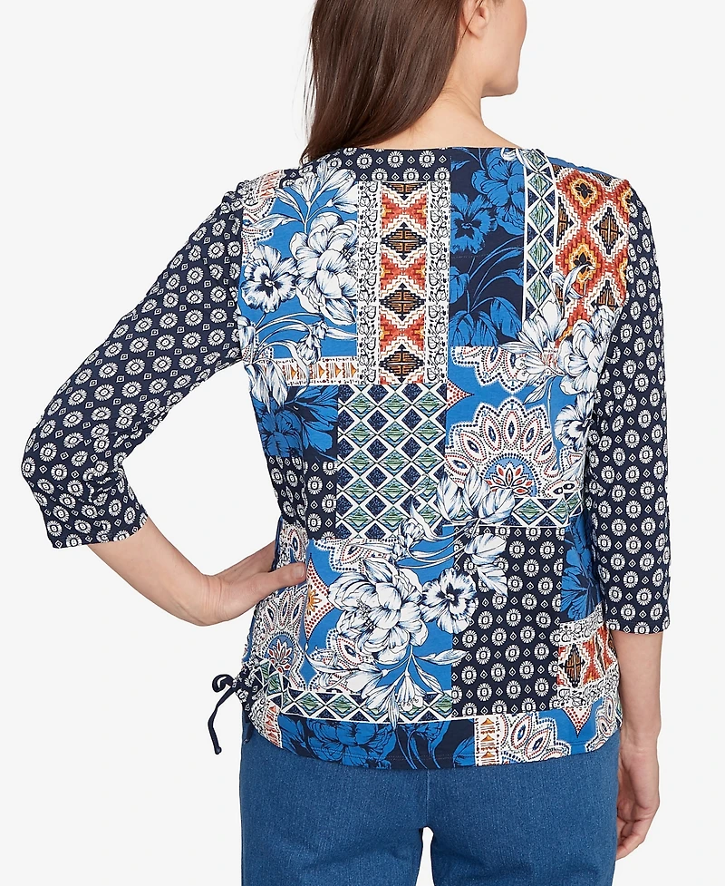 Alfred Dunner Petite Batik Patchwork Drawstring Closure Top