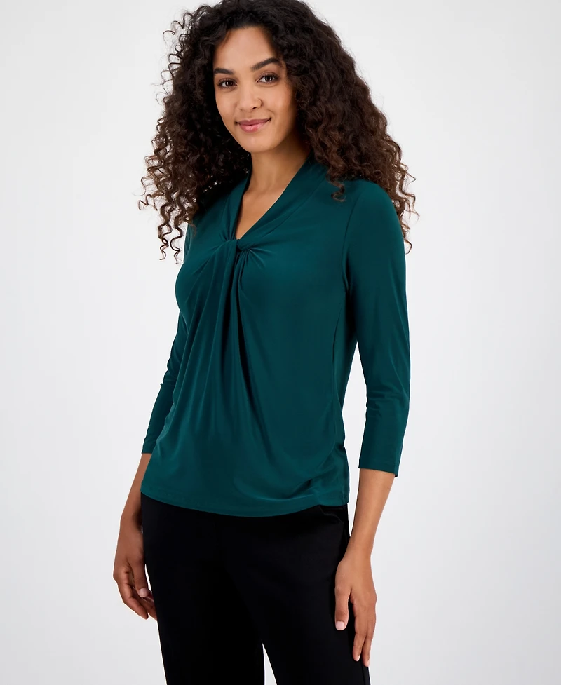 Kasper Plus Size Twist-Neck 3/4-Sleeve Top