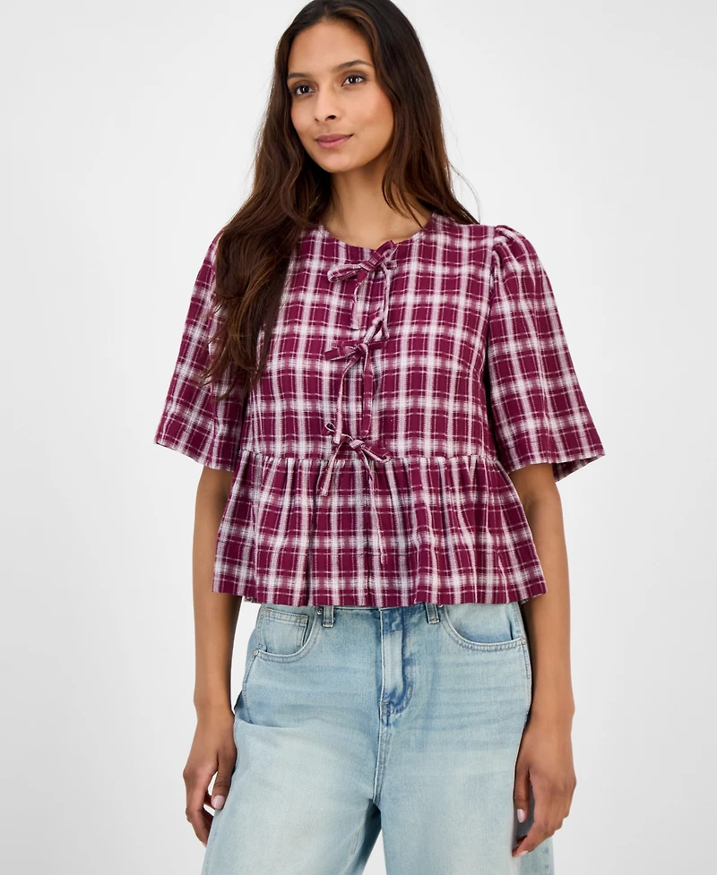 And Now This Women's Plaid Tie-Front Peplum Top, Macy's Exclusive