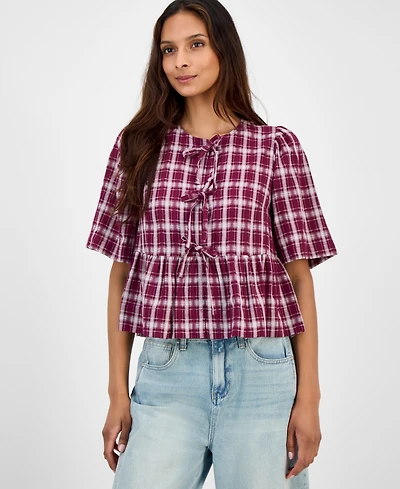 And Now This Women's Plaid Tie-Front Peplum Top, Macy's Exclusive