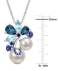 Cultured Freshwater Pearl (7 & 8-1/2mm), Blue Topaz (2-1/3 ct. t.w.) & Sapphire (3/8 ct. t.w.) Cluster 18" Pendant Necklace in Sterling Silver