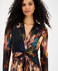 Anne Klein Women's Printed Twist-Front Long-Sleeve Maxi Dress