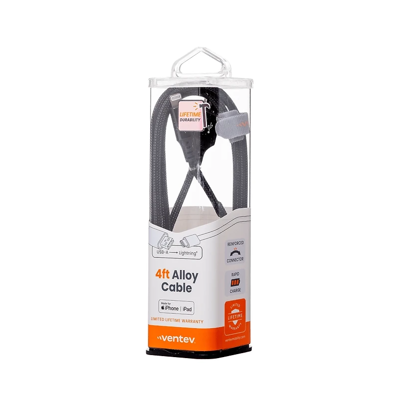 Ventev Alloy Usb A to Apple Lightning High Speed Ultradurable 4 Foot Cable-Black