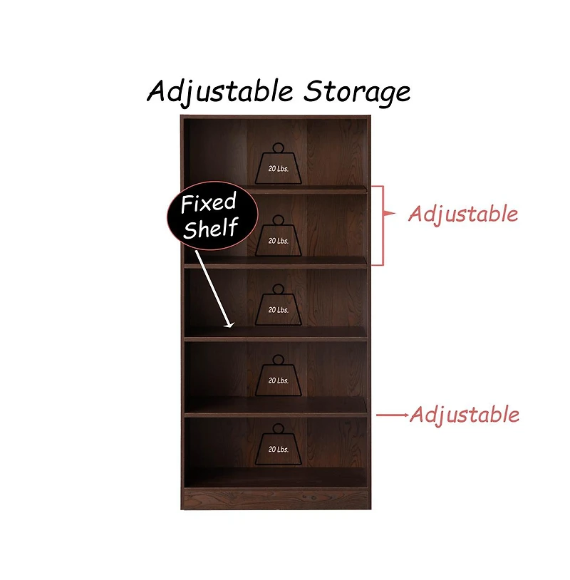 Basicwise Freestanding Classic Wooden Display Bookshelf, Floor Standing Bookcase, with 5 Open Display Shelves