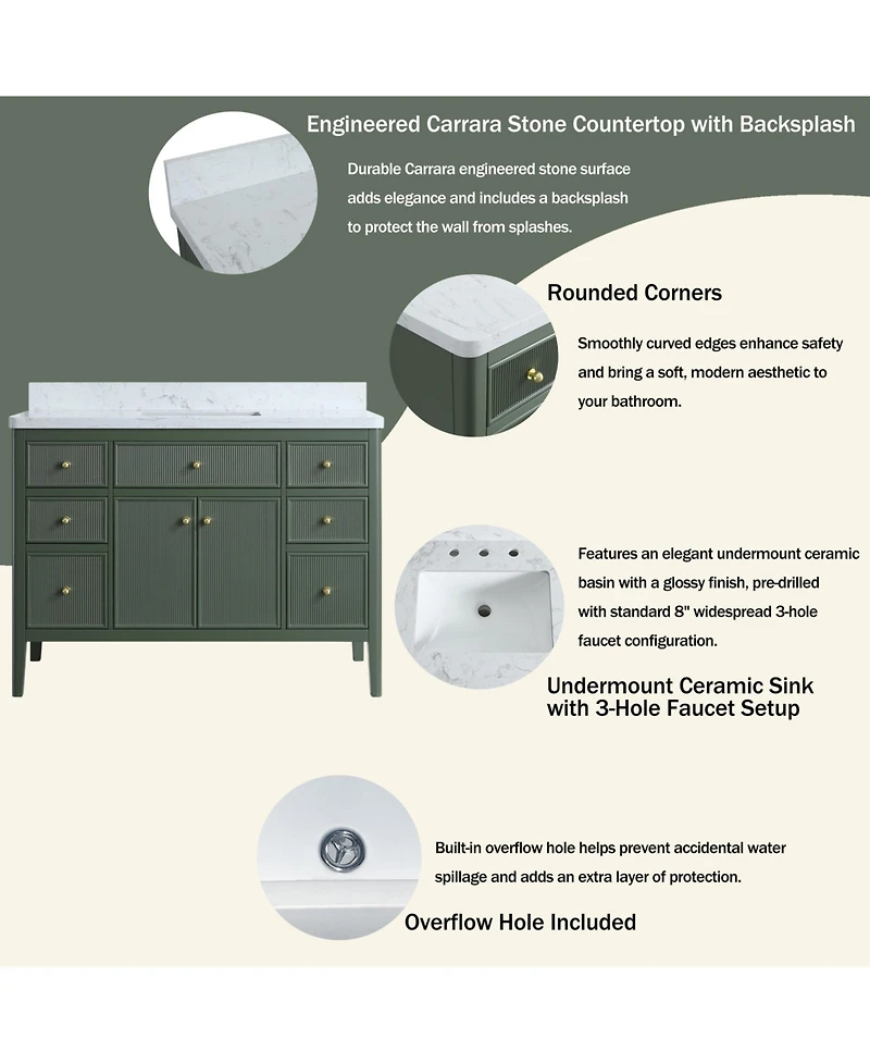 Casainc Fully Assembled 48" Freestanding Single Sink Bathroom Vanity with Solid Wood Construction and Engineered Marble Top