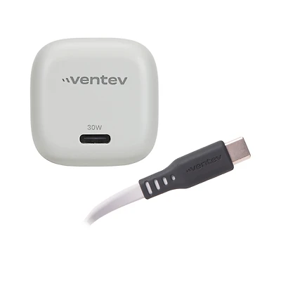Ventev 30W Ultrafast Usb C Mini GaN Wall Charger and Usb C to Usb C Cable-White