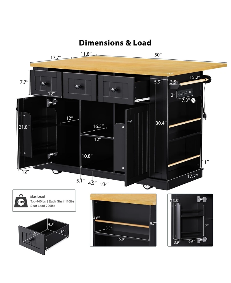 Casainc 53" Kitchen Island With Drop Leaf, Power Outlet, Storage Racks, Rolling Cart on 5 Wheels (No Stools)