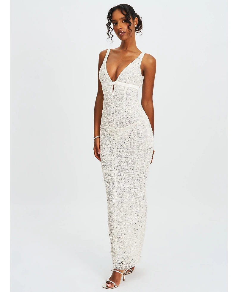 Miss Circle Women's Adelaide White Beaded Sequin Net Bodycon Gown