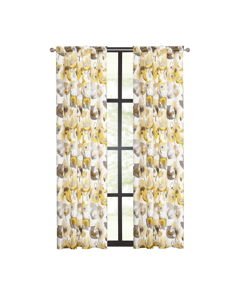 Kate Aurora Chic Living 2 Pack Semi Sheer Poppy Floral Rod Pocket Window Curtains - 84 in. Long - Gray/Yellow