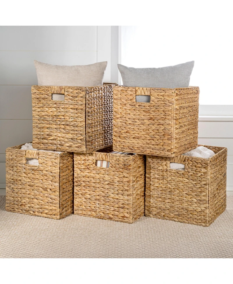 Happimess Bryce Classic Farmhouse Hand-Woven Hyacinth Collapsible Storage Cube Baskets with Handles (Set of 5