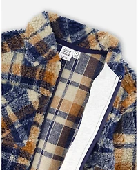 Deux par Boy Sherpa Long Sleeve Zip Front Overshirt Blue and Brown Plaid
