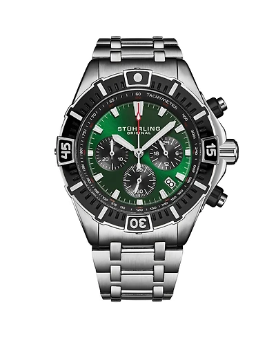 Stuhrling 1022 Men s Chronograph Watch Quartz Movement Green Dial Black Subdials Black Bezel Stainless Steel Bracelet 50M Water Resistant Date Window