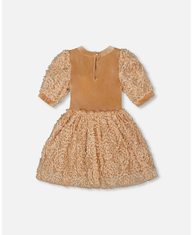 Deux par Big Girls Puff Sleeve Bi-Material Velour and Lace Dress Light Caramel
