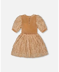 Deux par Big Girls Puff Sleeve Bi-Material Velour and Lace Dress Light Caramel