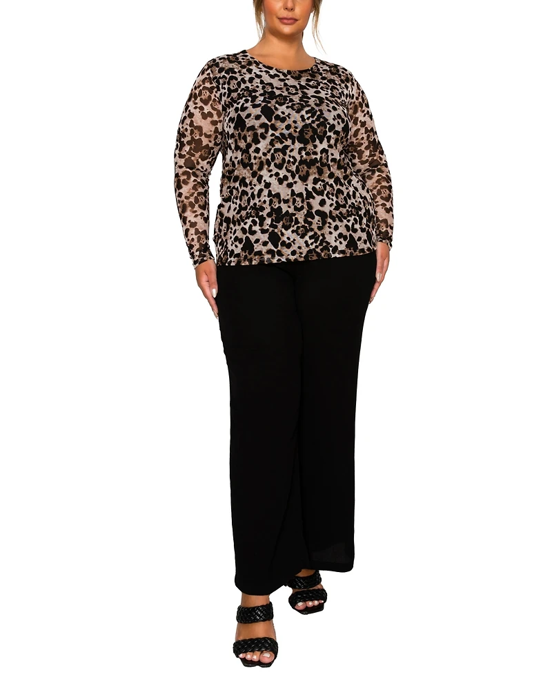 Coin 1804 Plus Leopard Mesh Scoop Neck Long Sleeve Top