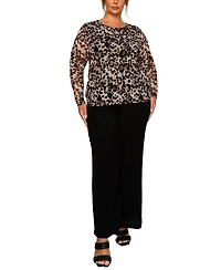 Coin 1804 Plus Leopard Mesh Scoop Neck Long Sleeve Top