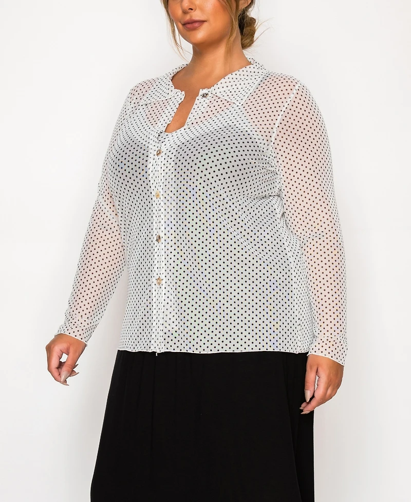 Coin 1804 Plus Dot Mesh Button Front Long Sleeve Top