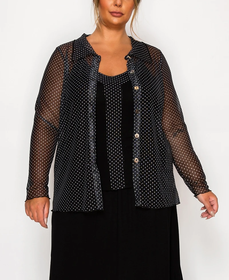 Coin 1804 Plus Dot Mesh Button Front Long Sleeve Top