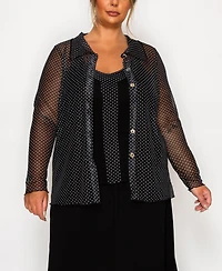 Coin 1804 Plus Dot Mesh Button Front Long Sleeve Top