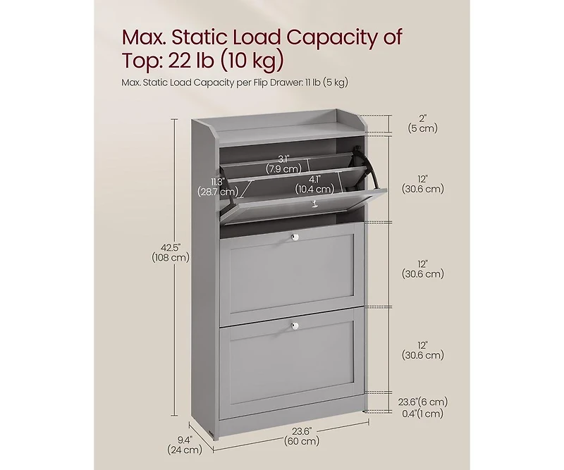 Songmics Home Shoe Cabinet with 3 Flip Drawers, Dove Gray