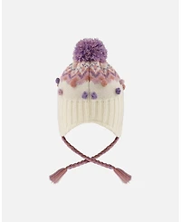 Deux par Baby Girl Lined Peruvian Knit Pompom Hat Off-White and Lilac 