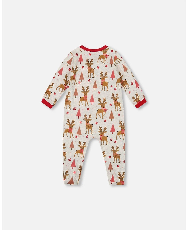 Deux par Baby Girl One-Piece Cotton Pajama Beige Girly Reindeer Print