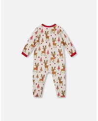Deux par Baby Girl One-Piece Cotton Pajama Beige Girly Reindeer Print