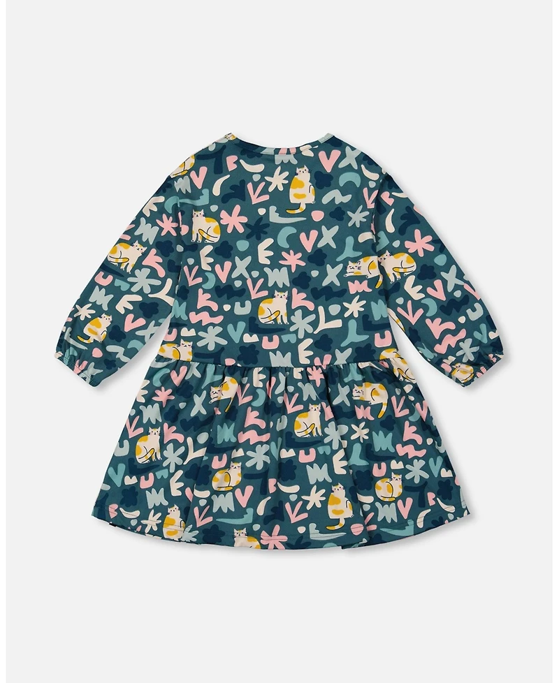 Deux par Big Girls Jersey Dress Green Cat Print