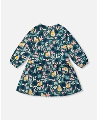 Deux par Big Girls Jersey Dress Green Cat Print