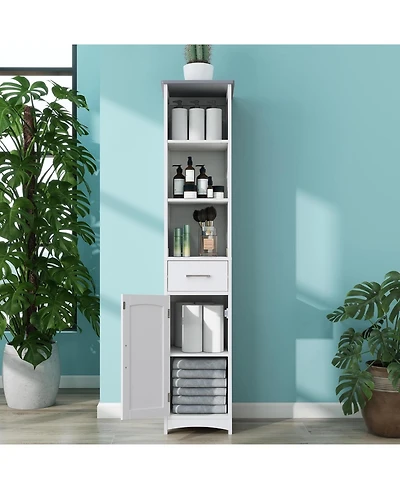 Vanirror Tall Freestanding Storage Cabinet - 13 x 64 Inches, Grey Top with Matte White Finish, Adjustable Shelves & Anti-Fall Drawer Guides