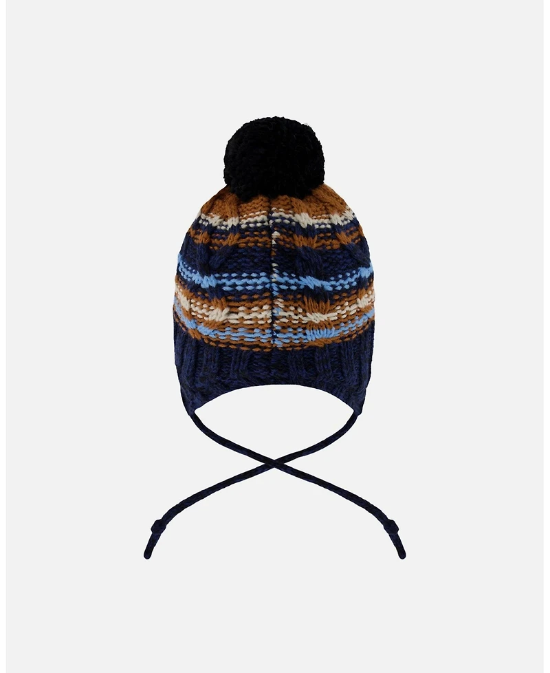 Deux par Boy Lined Peruvian Knit Winter Hat with Pompom Taupe and Navy - Toddler|Child