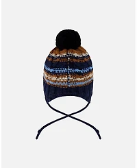 Deux par Boy Lined Peruvian Knit Winter Hat with Pompom Taupe and Navy - Toddler|Child