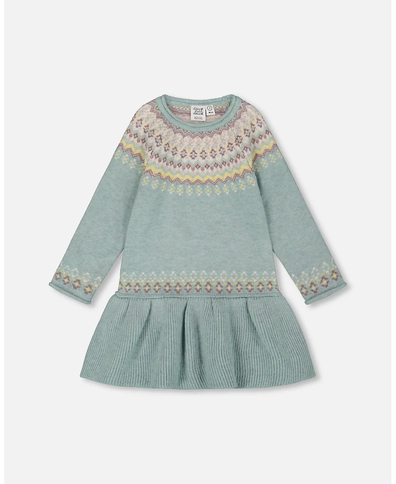 Deux par Girl Jacquard Sweater Dress with Ribbed Skirt Jade Green