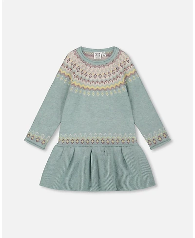Deux par Girl Jacquard Sweater Dress with Ribbed Skirt Jade Green