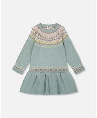 Deux par Girl Jacquard Sweater Dress with Ribbed Skirt Jade Green
