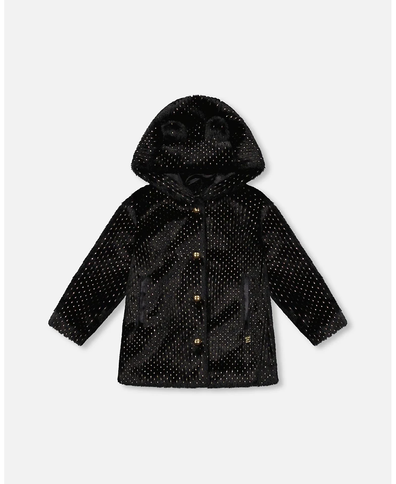 Deux par Girl Bear Faux Fur Coat Black with Gold Polka Dots - Toddler|Child