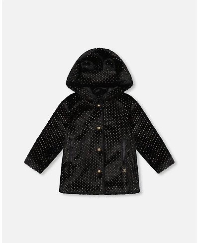Deux par Girl Bear Faux Fur Coat Black with Gold Polka Dots - Toddler|Child