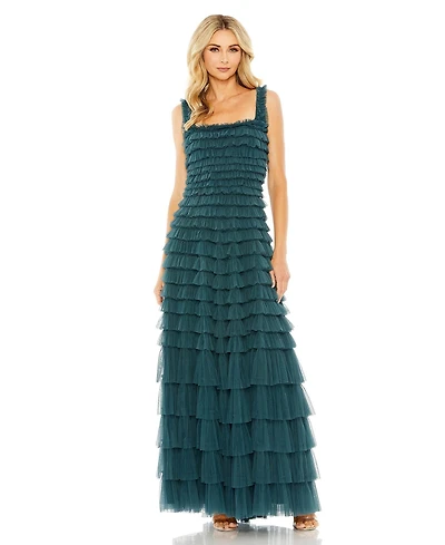 Mac Duggal Women's Textured Mesh Gown with Allover Ruffles and Square Neckline