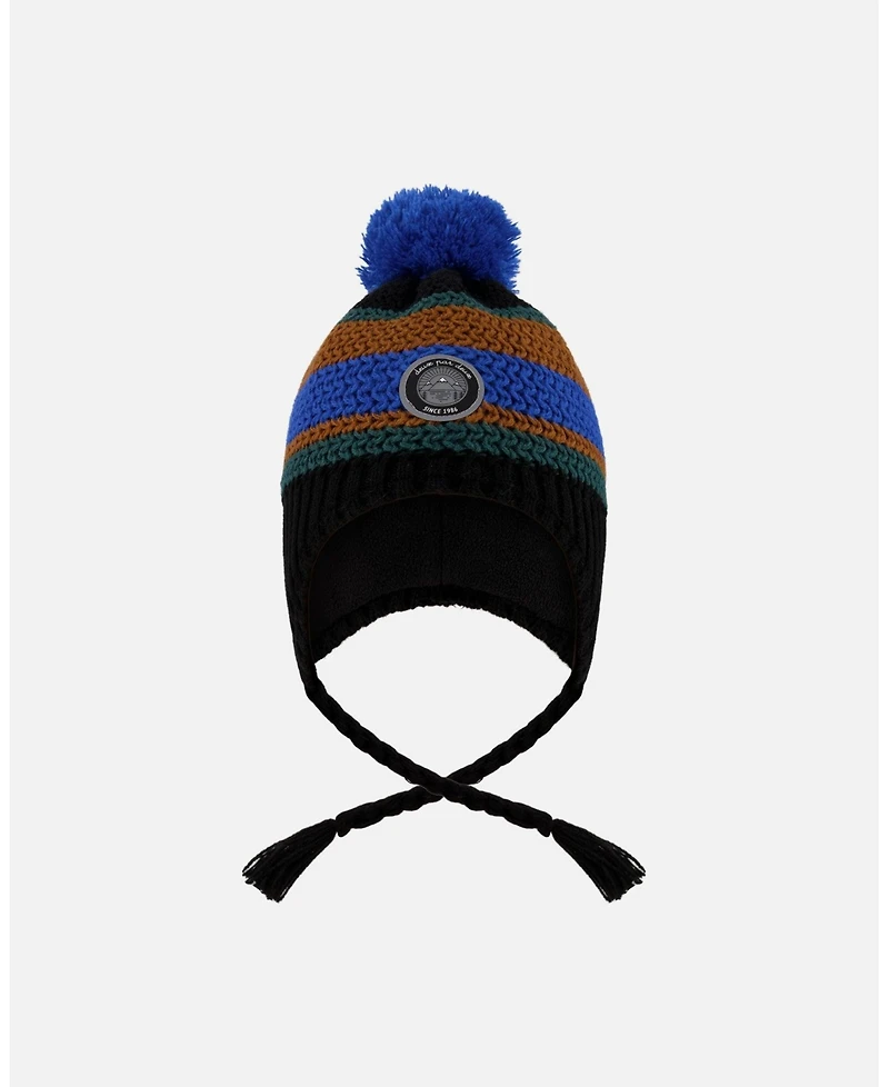 Deux par Boy Lined Peruvian Knit Pompom Hat Black, Blue and Brown - Toddler|Child