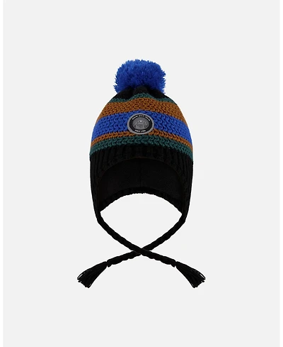 Deux par Boy Lined Peruvian Knit Pompom Hat Black, Blue and Brown - Toddler|Child