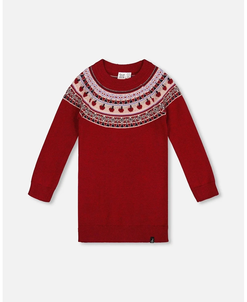 Deux par Toddler Girls Knit Dress Red with Apple Jacquard Yoke - Toddler|Child