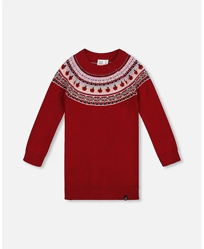 Deux par Toddler Girls Knit Dress Red with Apple Jacquard Yoke - Toddler|Child