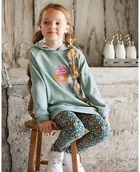 Deux par Girl Hooded Tunic Sage Green with Owl Print