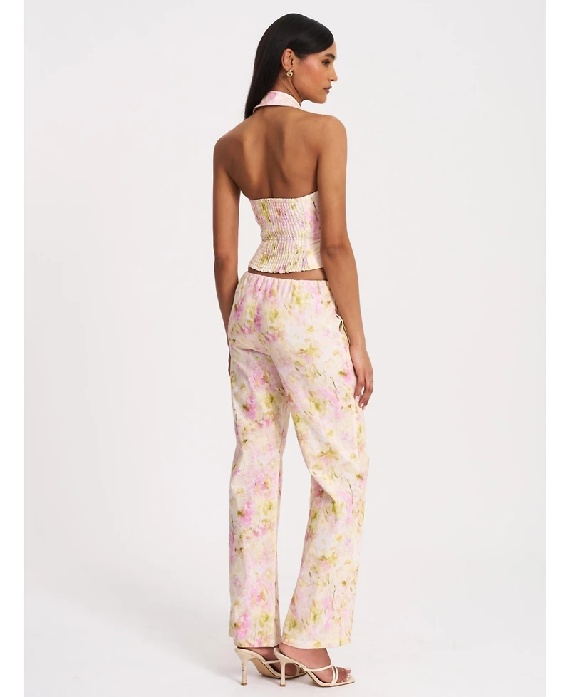 Miss Circle Women Lauren Pink Floral Print Ruched Back Linen Suit Vest