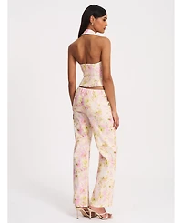 Miss Circle Women Lauren Pink Floral Print Ruched Back Linen Suit Vest
