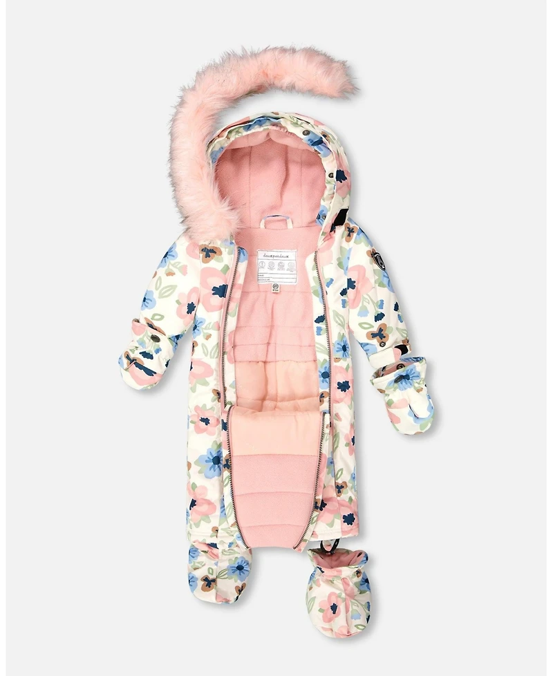 Deux par Baby Girl One-Piece Play Snowsuit Designed for Car Seat Off-White Flower Print - Baby|Toddler