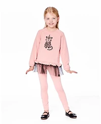 Deux par Girl Long Bi-Material Top Dusty Pink with Mesh Ruffle Hem and Leopard Print - Toddler|Child