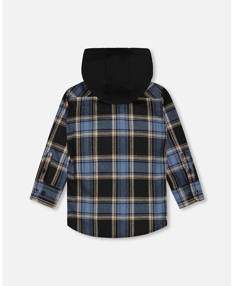 Deux par Boy Long Sleeve Hooded Flannel Shirt Blue and Black